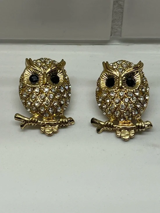 Gold Crystal Owl Stud Earrings - Women's Jewelry - Picture 3 of 4